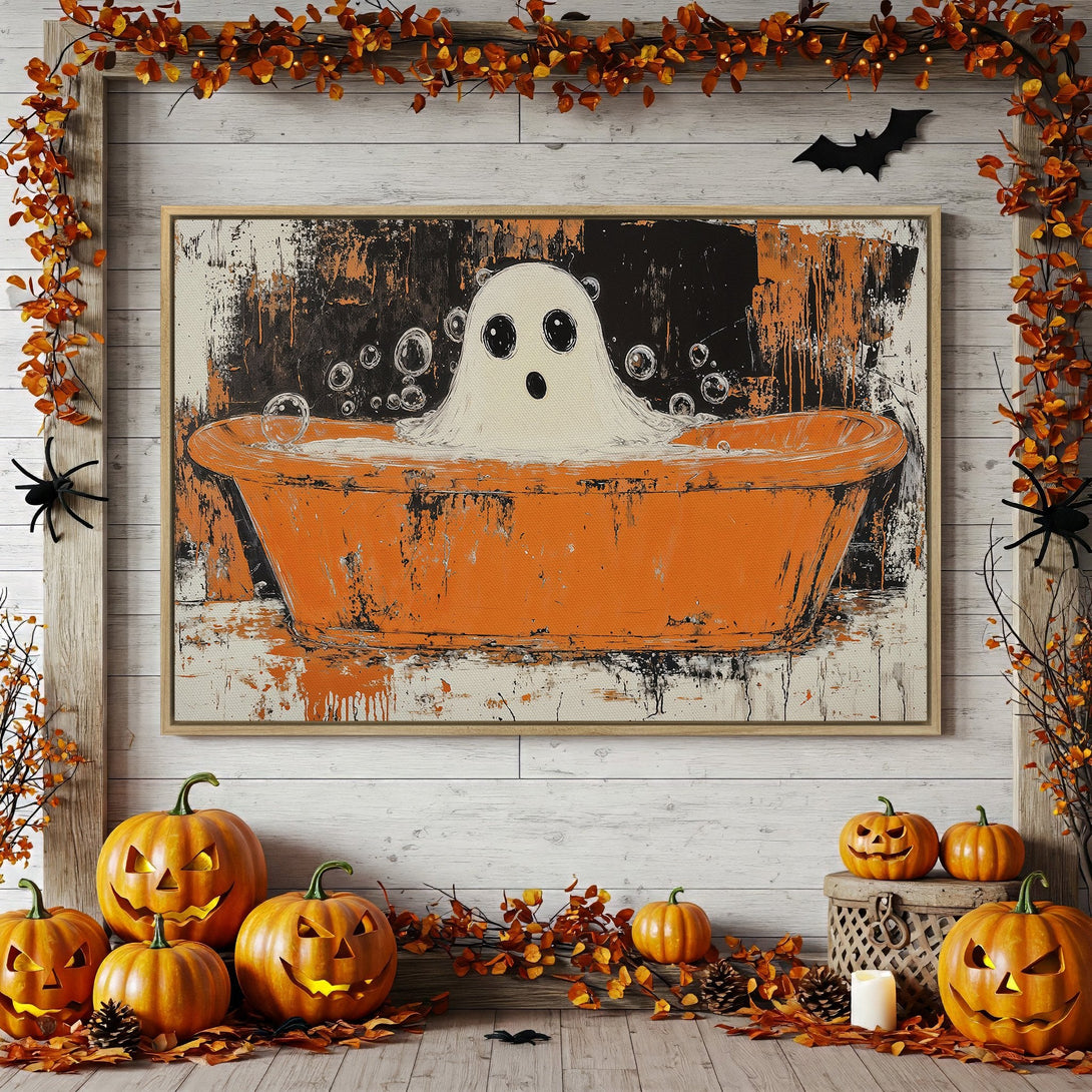 Framed Wall Art: Halloween ghost in a bathtub, abstract style, orange and black color palette, perfect for spooky home decor.