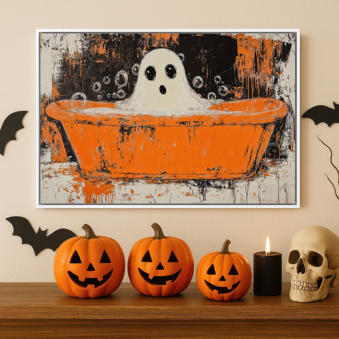 Framed Wall Art: Spooky ghost in a bathtub. Abstract Halloween art with orange, black, and white color palette. Perfect for festive home decor.