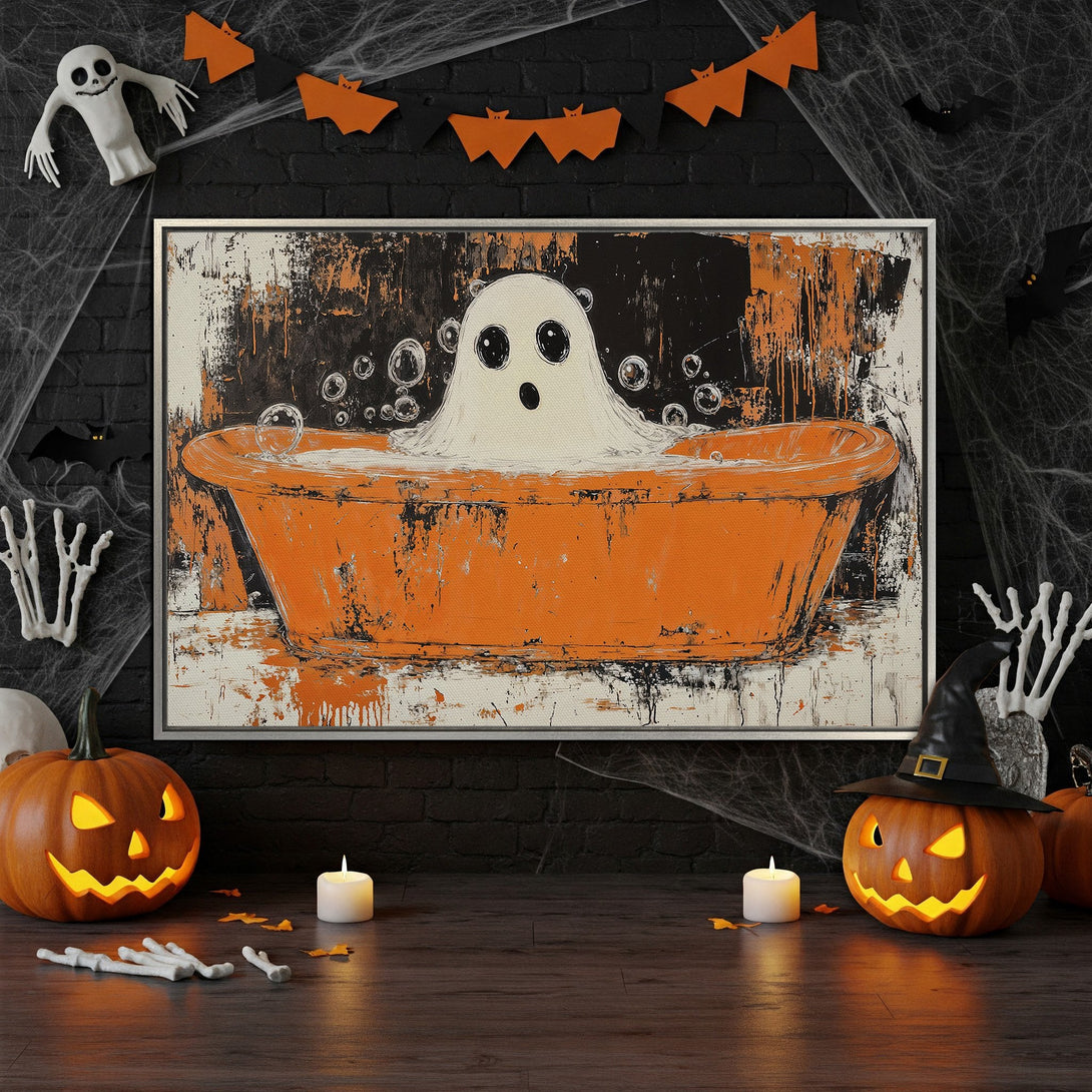 Framed Wall Art: Spooky ghost in a bathtub. Abstract style, orange and black color palette. Perfect Halloween decor!