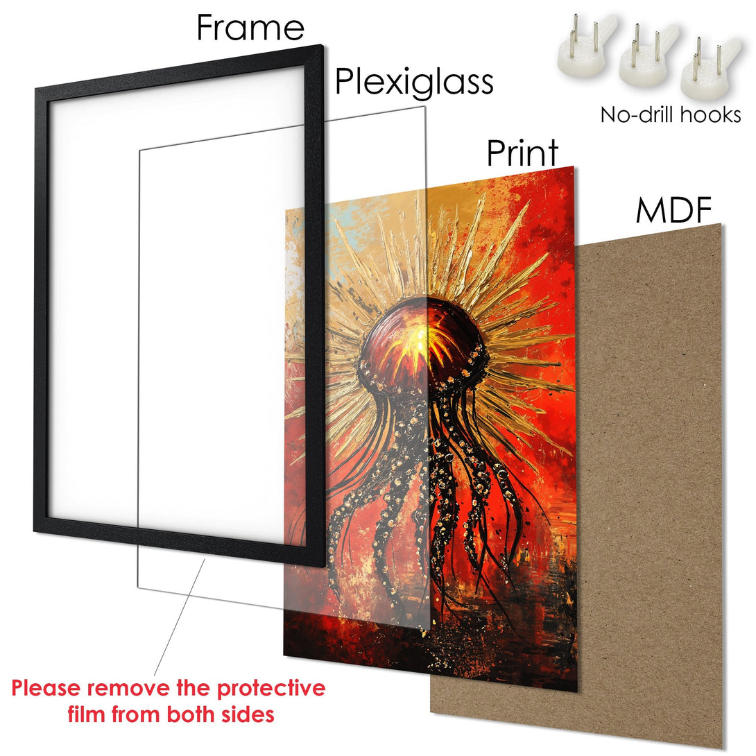 Framed Poster featuring abstract art with fiery red, gold, and black hues. Modern style wall art for your home.