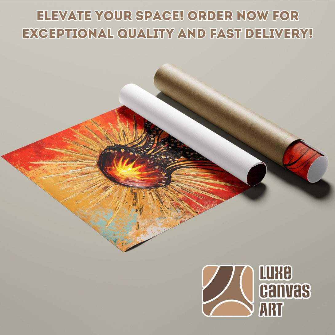 Abstract art poster roll in vibrant red, orange, and gold tones. Order yours today!