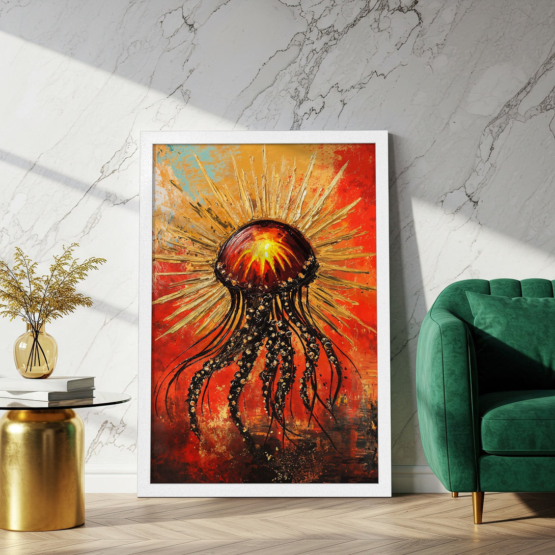 Framed Poster featuring an abstract jellyfish in vibrant red, gold, and black. Perfect wall art to elevate your space!