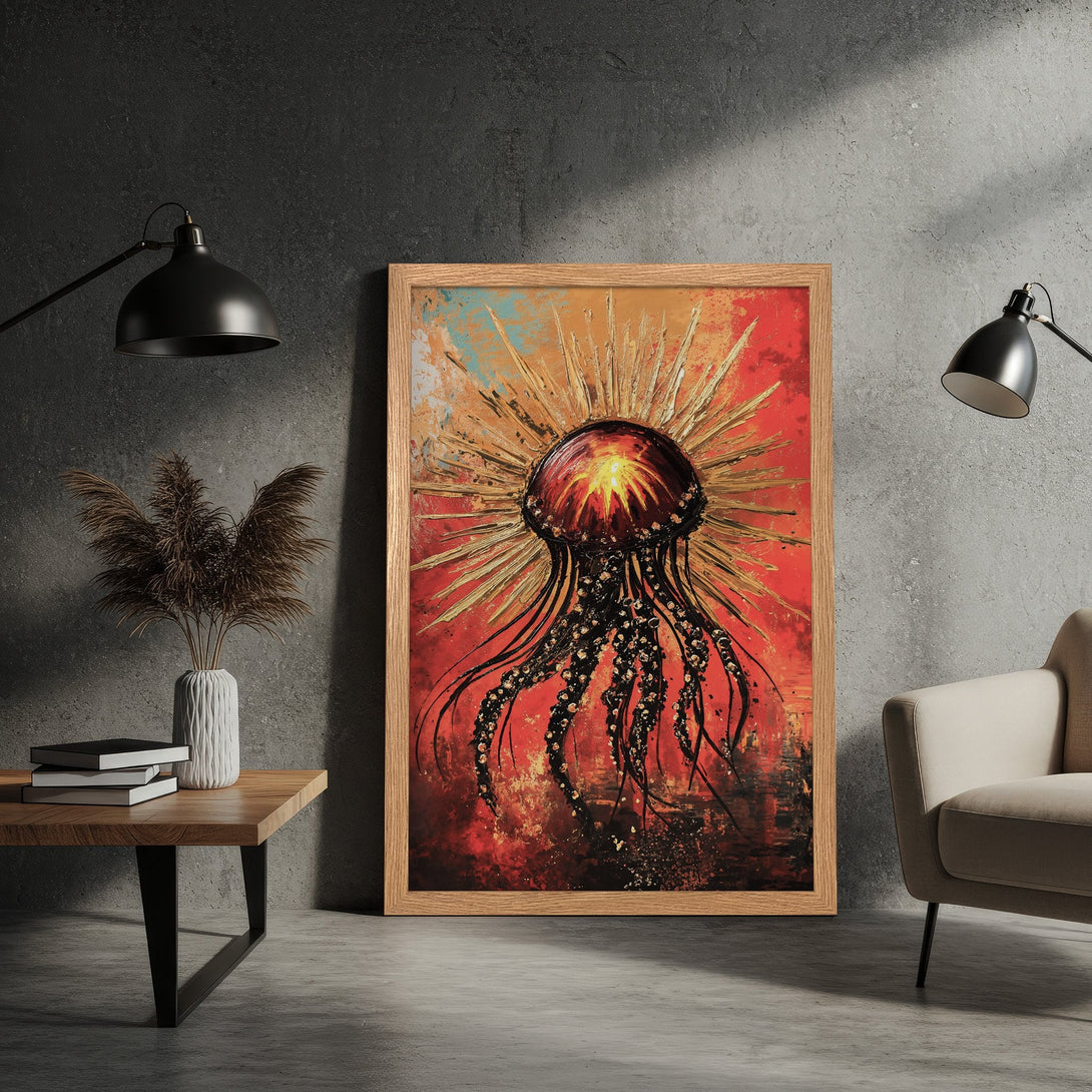 Framed Poster featuring a vibrant jellyfish art print with a red, orange, and black color palette. Modern abstract style for home decor.