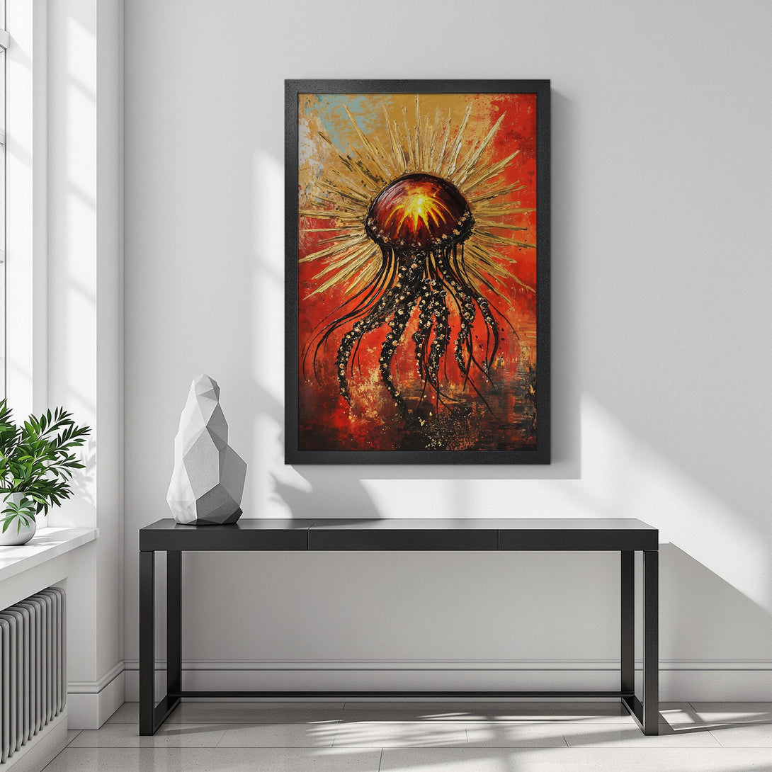 Framed Poster featuring abstract jellyfish art in a vibrant red, gold, and black color palette. Add a touch of modern art to your space!