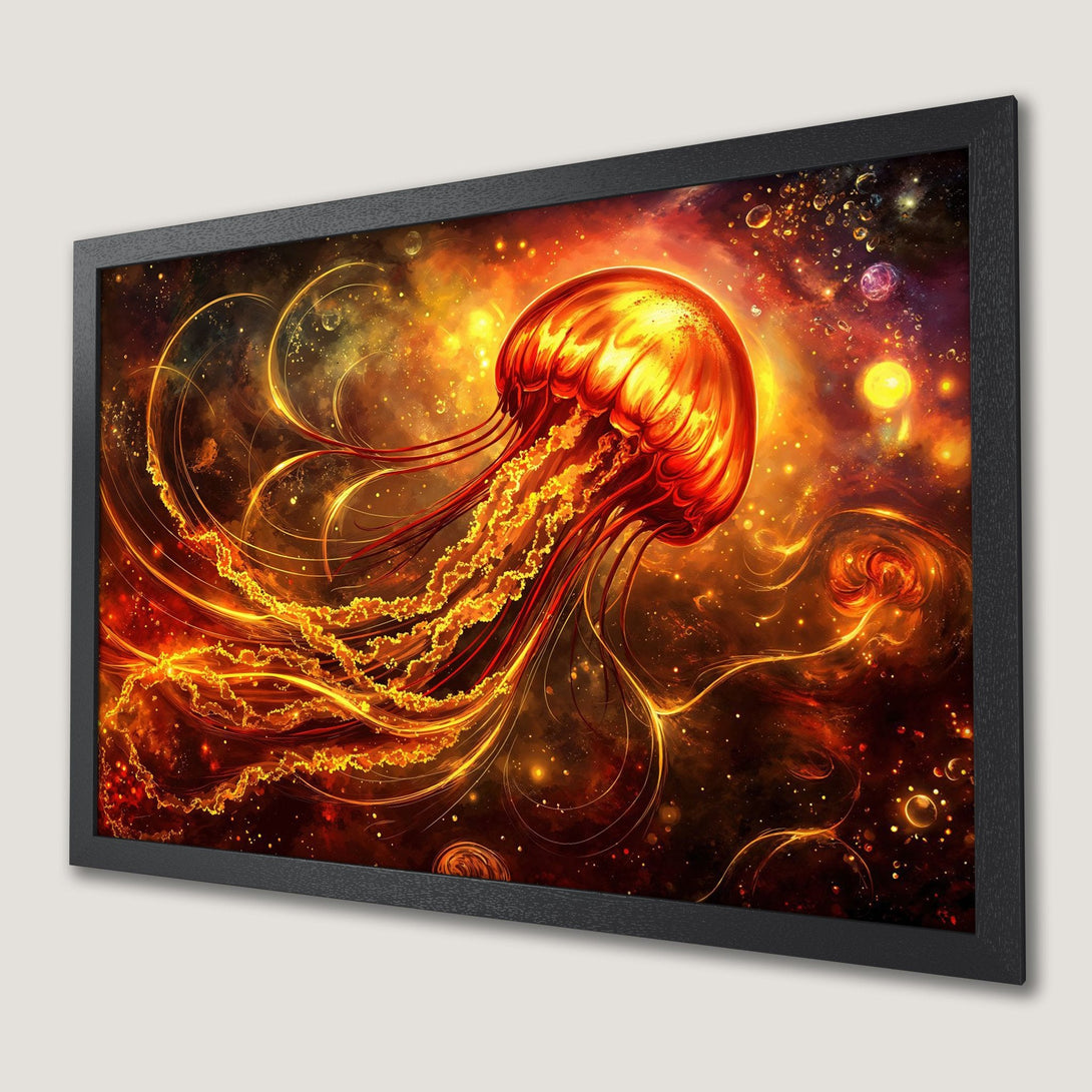 Framed Poster featuring a vibrant, cosmic jellyfish illustration in a warm orange and gold color palette. Perfect art for any space!