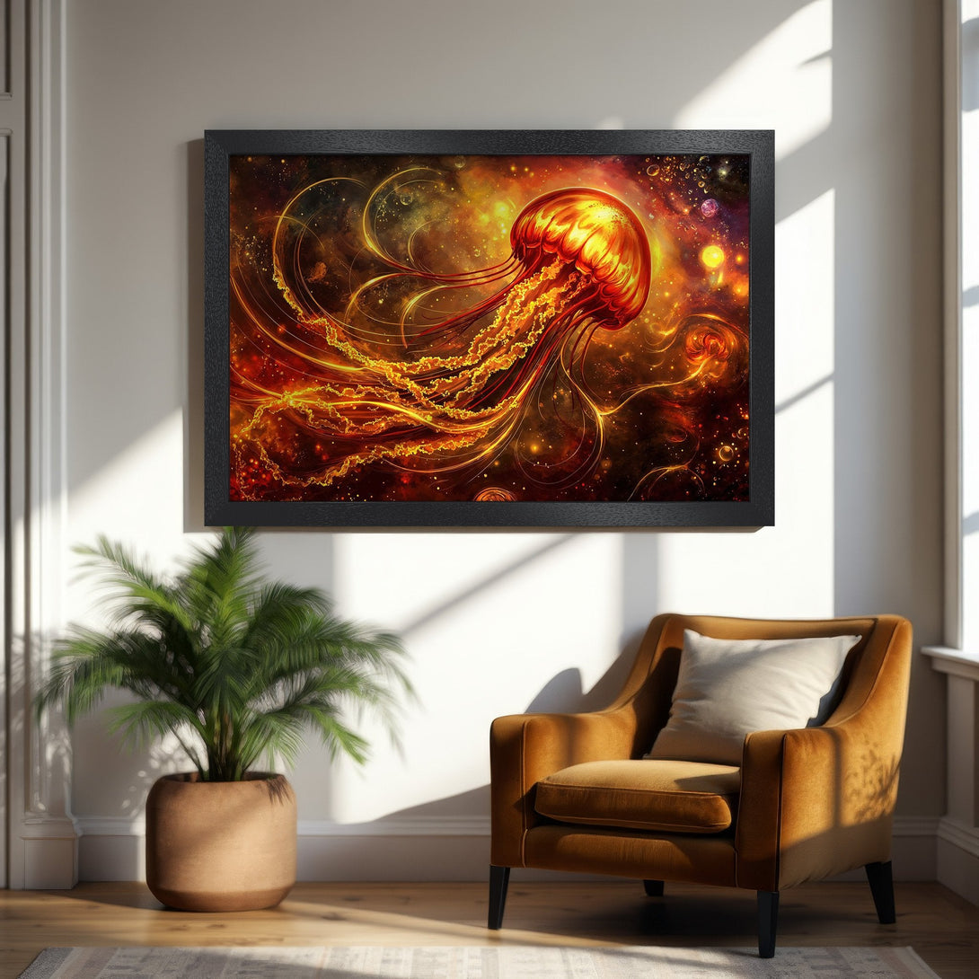 Framed Poster featuring a vibrant jellyfish in a cosmic style, warm orange & red color palette. Perfect wall art!