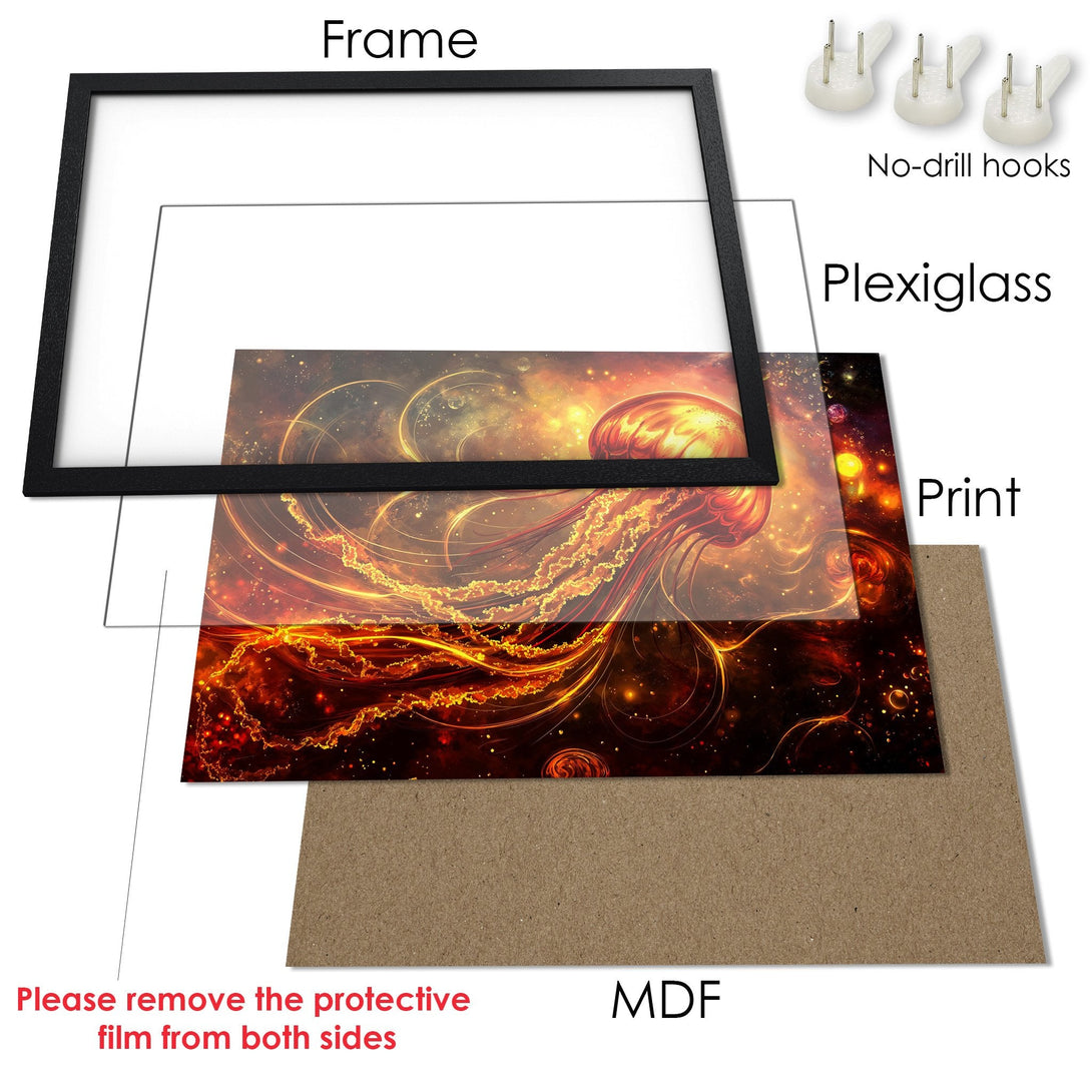 Framed Poster featuring a vibrant, abstract jellyfish design in warm orange and gold tones. Perfect wall art!