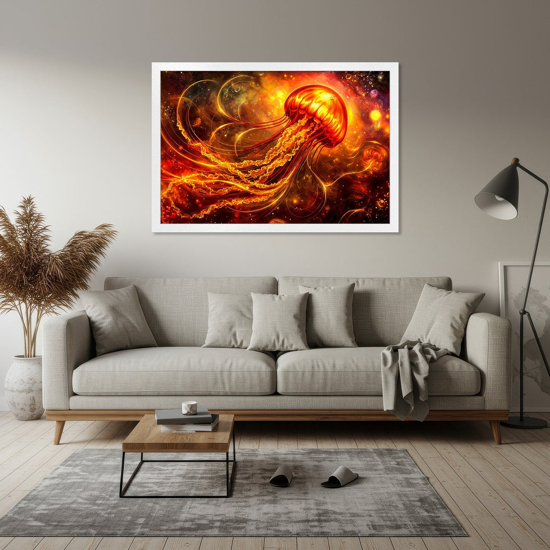 Framed Poster featuring a vibrant, abstract jellyfish in fiery orange and gold tones. Perfect for adding a touch of art to your space!