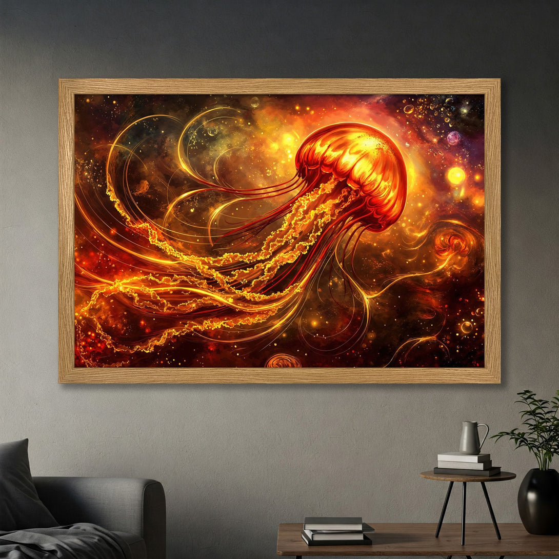 Framed Poster featuring a vibrant jellyfish in a cosmic style, with a fiery red and gold color palette. Perfect wall art!
