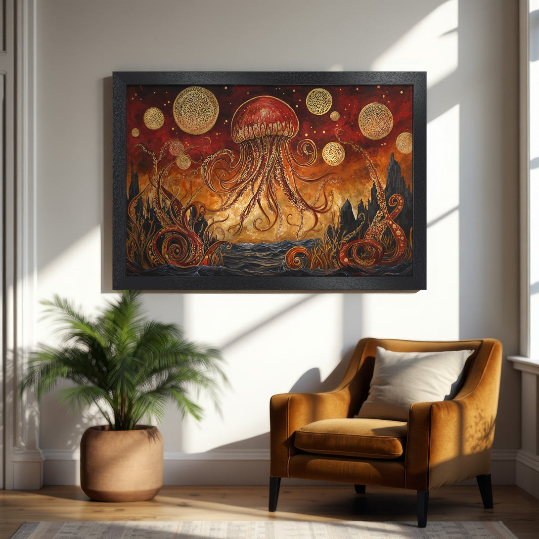 Framed Poster featuring a vibrant jellyfish art print. Bold, artistic style with a warm red and gold color palette. Perfect wall decor!