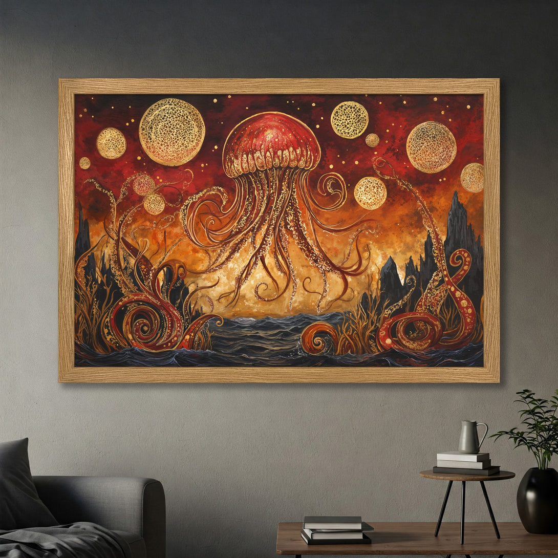 Framed Poster featuring a surreal jellyfish illustration with red, gold, and orange hues; perfect wall art.