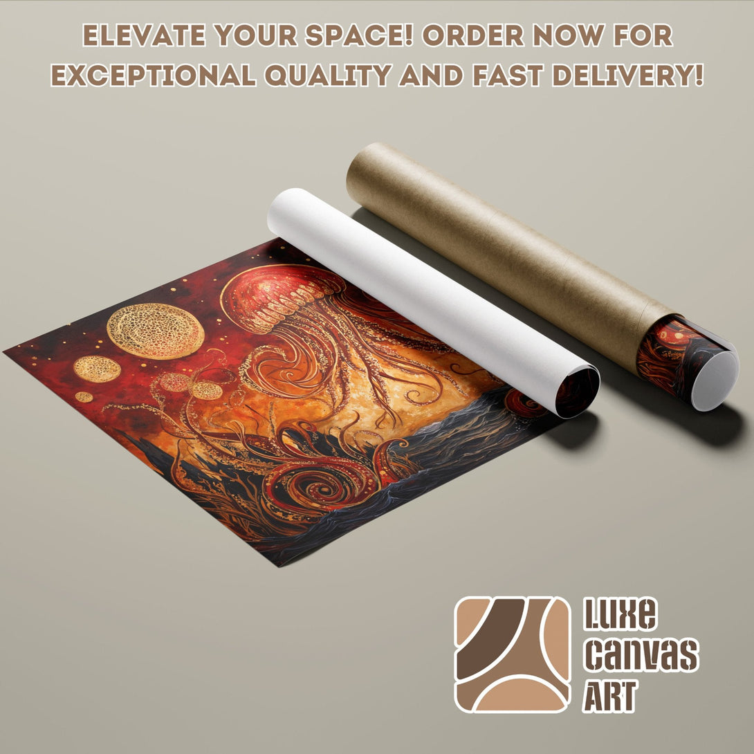Poster Roll featuring an abstract jellyfish design in warm red and gold tones. Elevate your space!