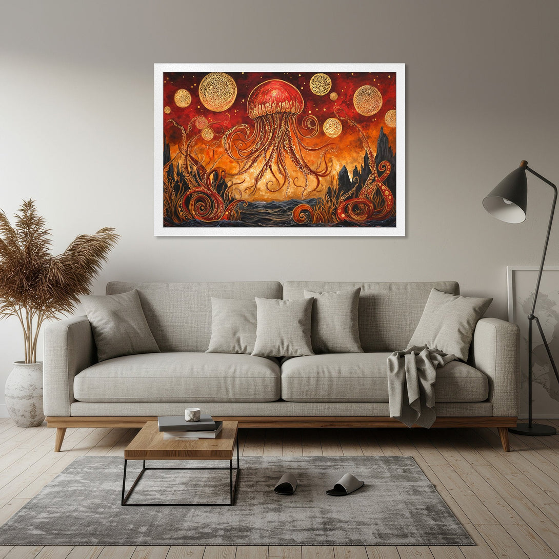 Framed Poster featuring a vibrant jellyfish illustration. Artistic style with a warm red and orange color palette, perfect home decor.
