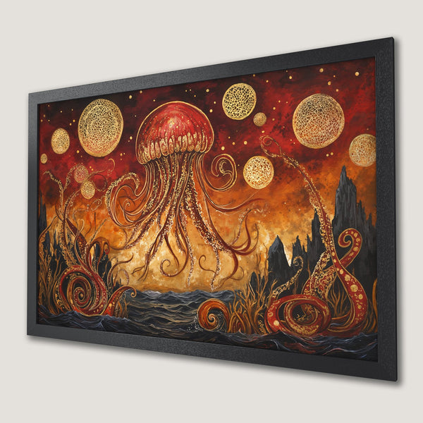 Framed Poster of a surreal jellyfish art print. Features a vibrant red, gold, and orange color palette with an illustrative style. Perfect wall decor.