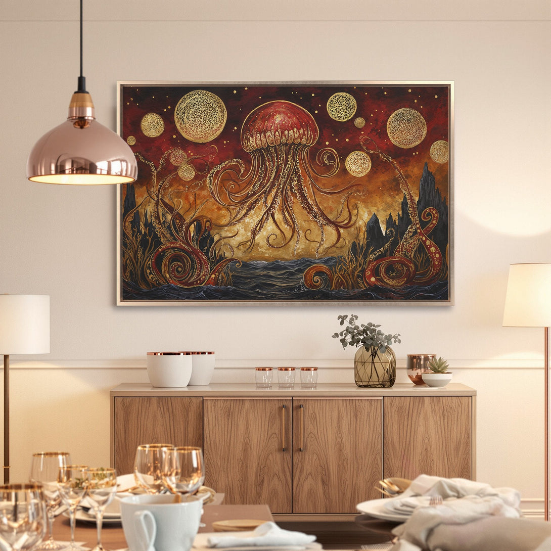 Framed Wall Art: Abstract jellyfish painting in red, gold, and black. Adds a touch of modern art to your dining room decor.