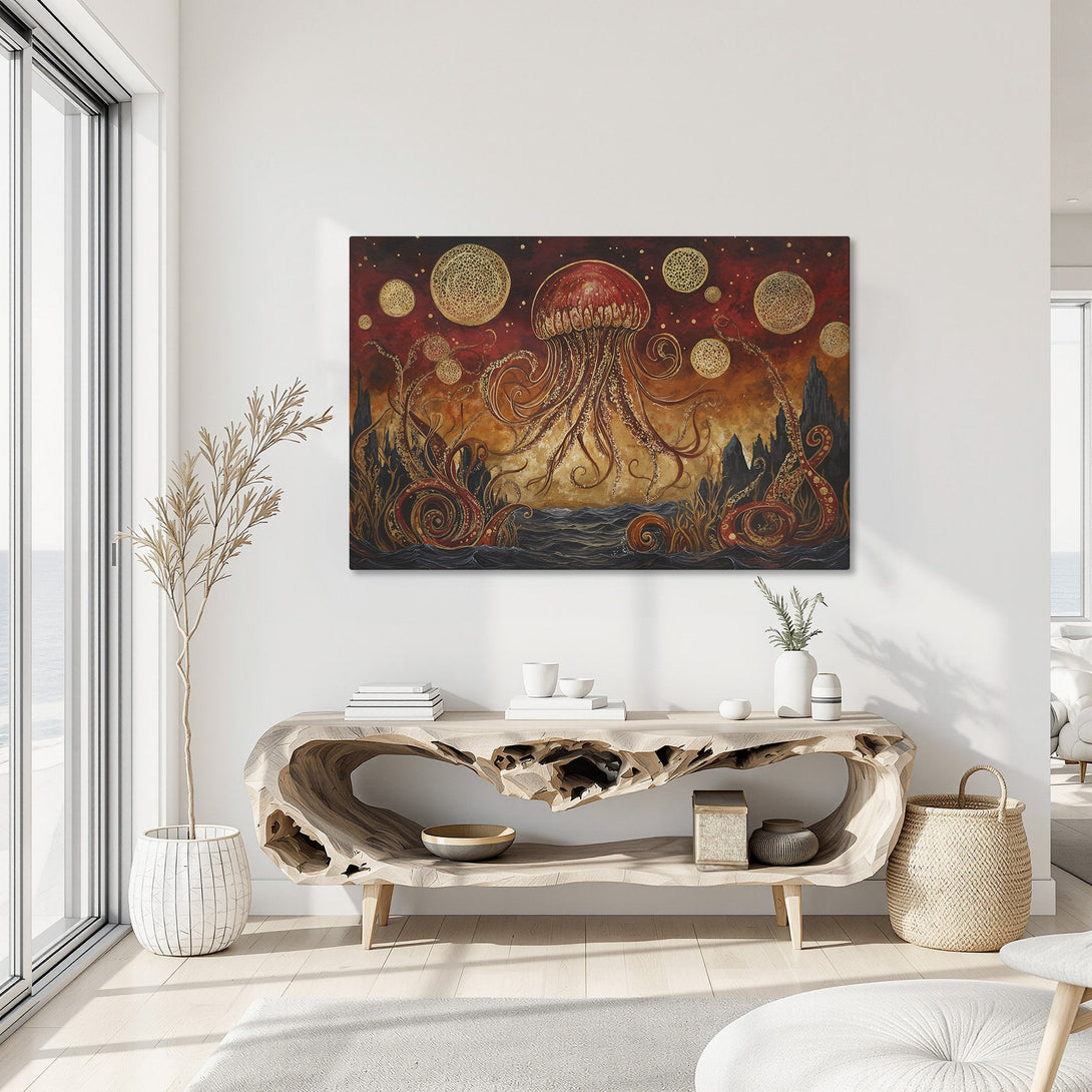 Framed Wall Art: Abstract jellyfish painting in warm reds & golds. Unique artwork for modern home decor. Add a touch of art to your space!