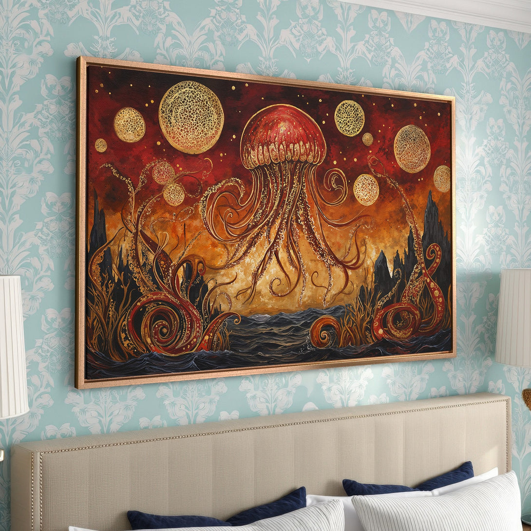 Framed Wall Art featuring a vibrant jellyfish in a surreal style with a warm red and gold color palette, perfect for adding art to your bedroom.