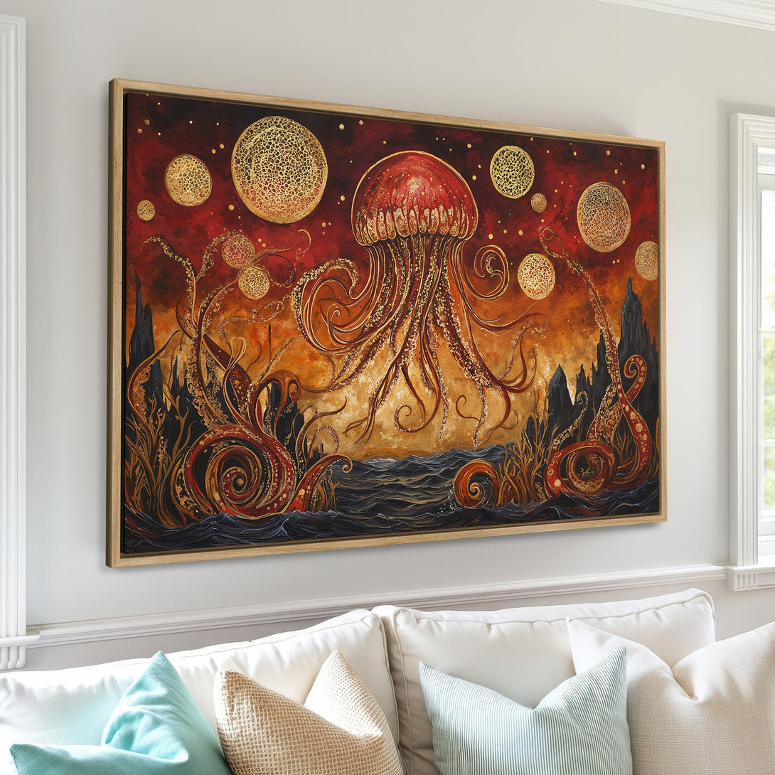 Framed Wall Art: Stunning jellyfish art print in warm red, gold, and orange tones. Adds a touch of fantasy and elegance to any interior decor.