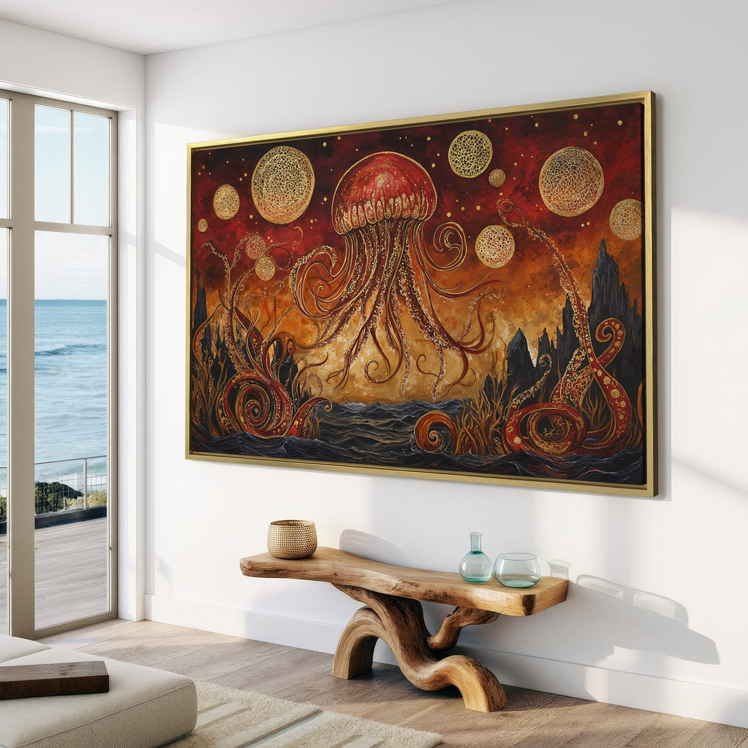 Canvas Print featuring an abstract jellyfish in warm red and gold tones. Adds artistic flair to any space.