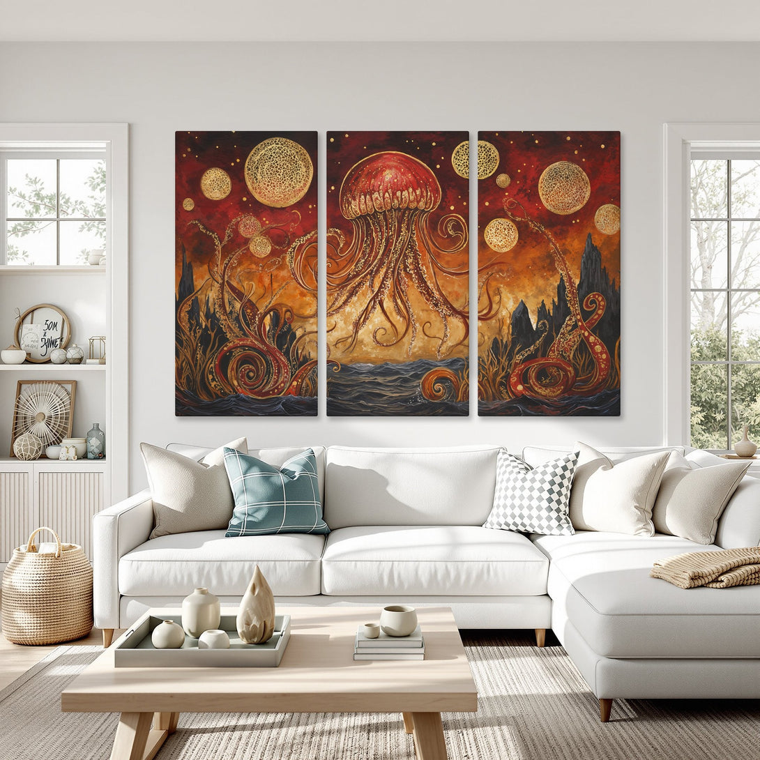 Canvas Print of a vibrant, abstract jellyfish art piece in red, gold, and orange hues. Adds a pop of color to any interior!
