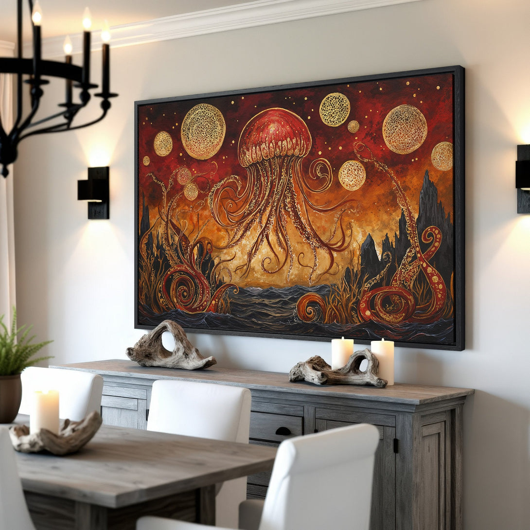 Framed Wall Art: Stunning abstract jellyfish print in warm red and gold tones. Perfect for adding a unique touch to any space. Shop now!