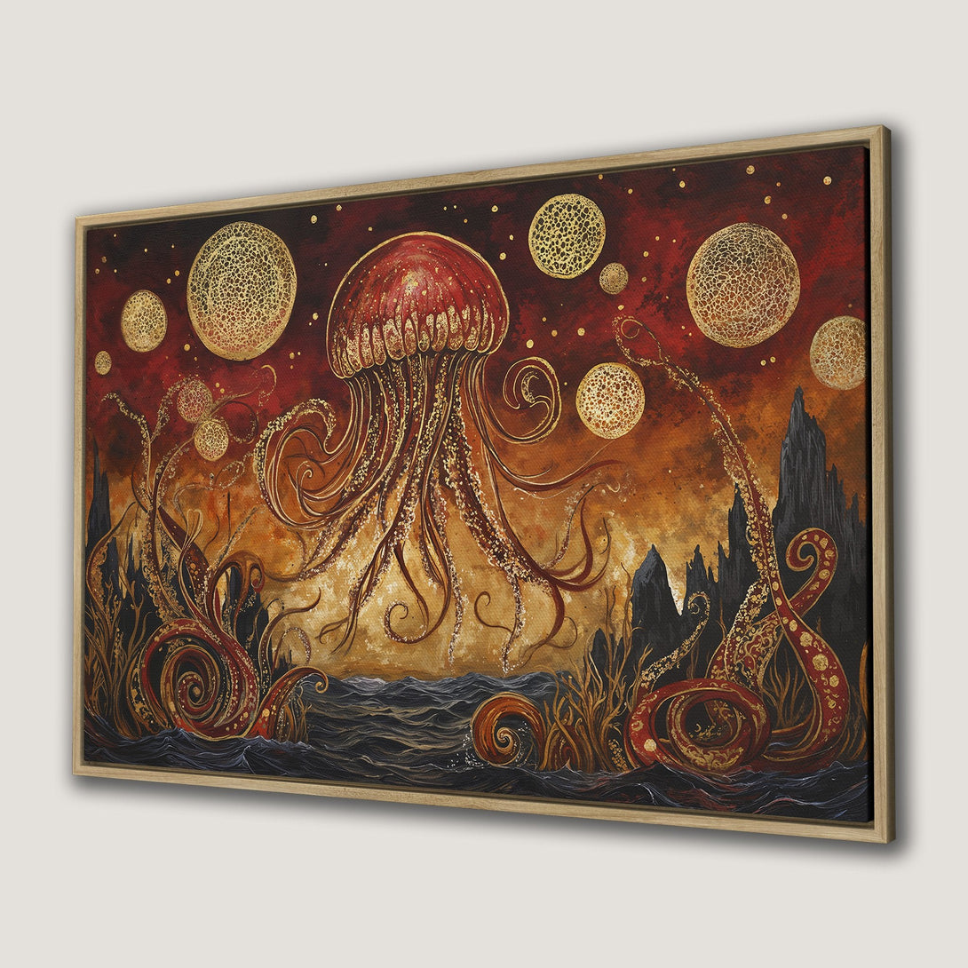 Framed Wall Art: Stunning jellyfish art in a surreal style with a warm red, gold, and black color palette. Perfect for adding a unique touch to your space!