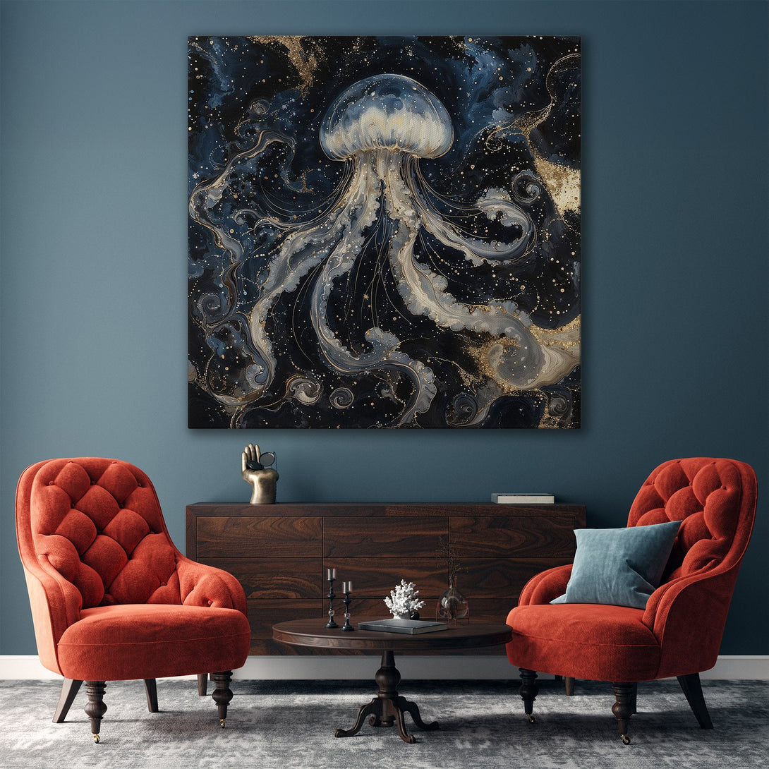 Framed Wall Art: Stunning abstract jellyfish art print in blue, gold, and white. Modern, elegant decor for your home. Shop now!