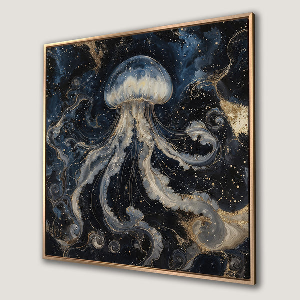 Framed Wall Art featuring an ethereal jellyfish in a dark blue and gold color palette. Modern abstract style, perfect for coastal decor.