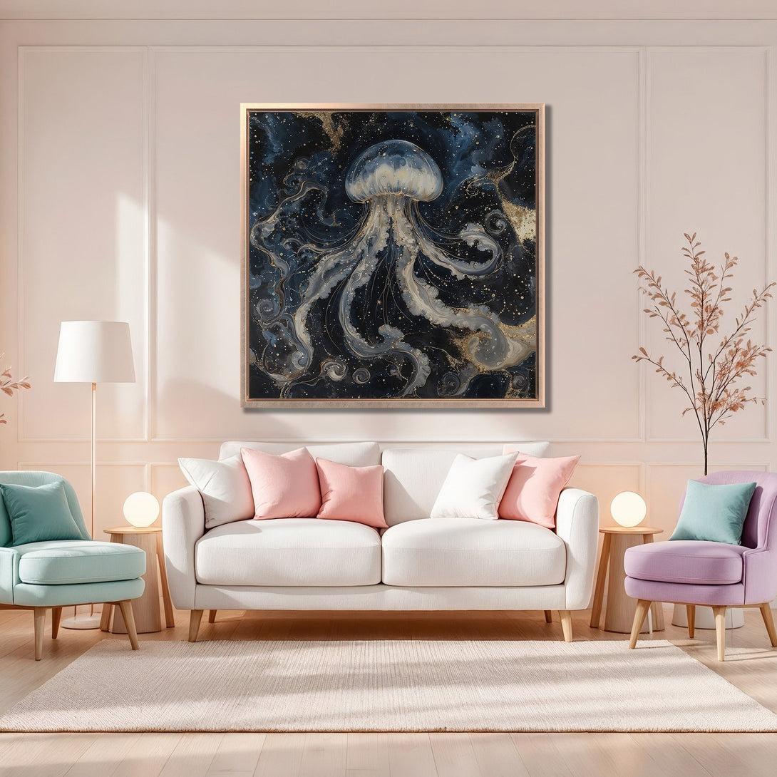 Framed Wall Art: Abstract jellyfish canvas print in a modern living room. Features a dark blue, gold, and white color palette. Elevate your space!