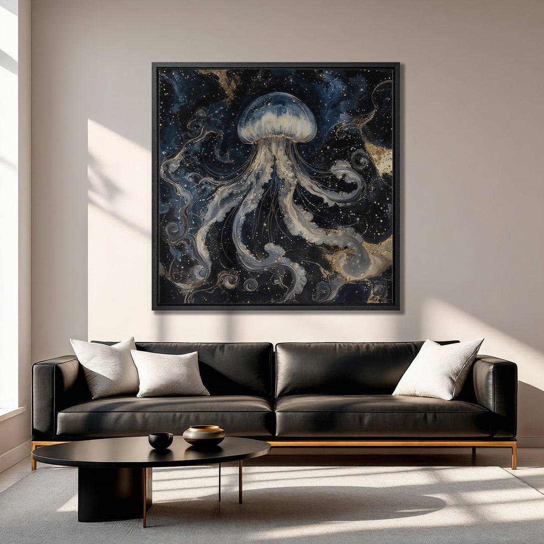Framed Wall Art Canvas Print of a jellyfish in a dark blue and gold abstract style, perfect for modern home decor.