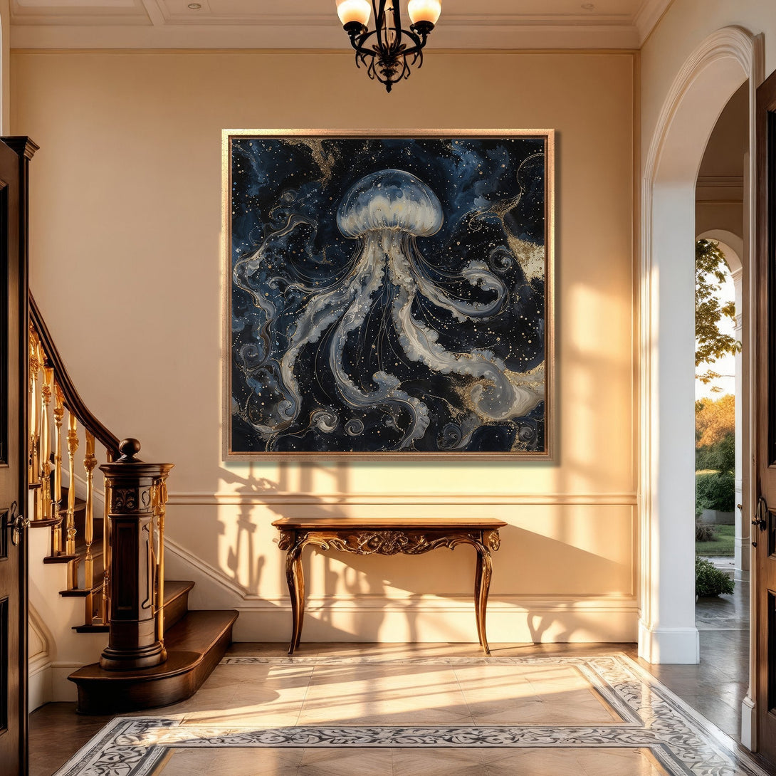Framed Wall Art: Abstract jellyfish art in a luxurious interior. Dark blue, gold, and white color palette creates a stunning focal point for any space.