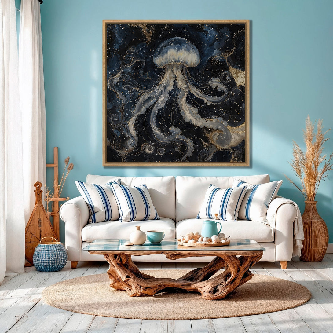 Framed Wall Art featuring a stunning jellyfish in a dark, abstract style with gold accents. Perfect for coastal decor, with a blue and neutral color palette.