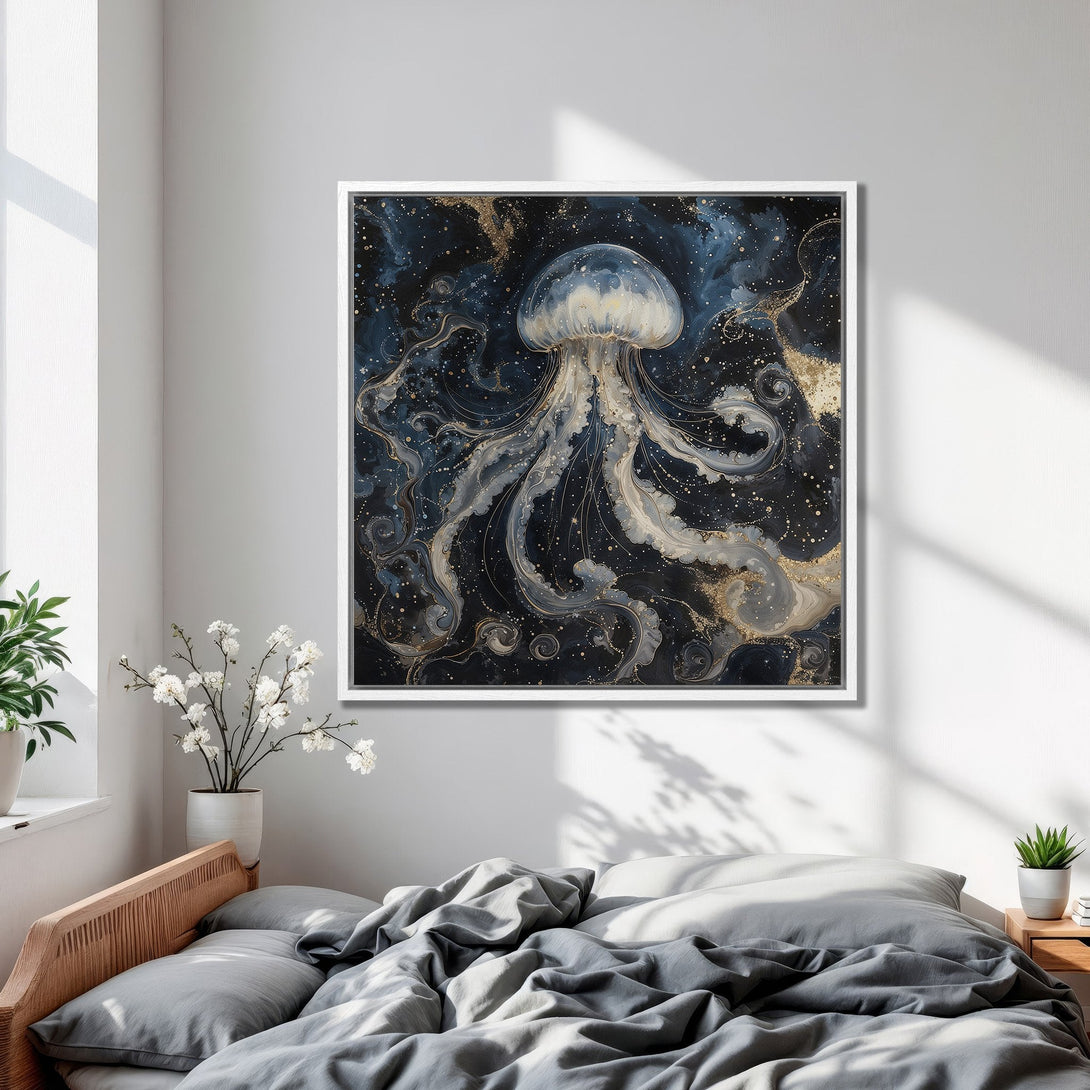 Framed Wall Art: Abstract jellyfish painting in navy, gold, and gray tones. Modern art canvas print adds a touch of elegance to any bedroom.