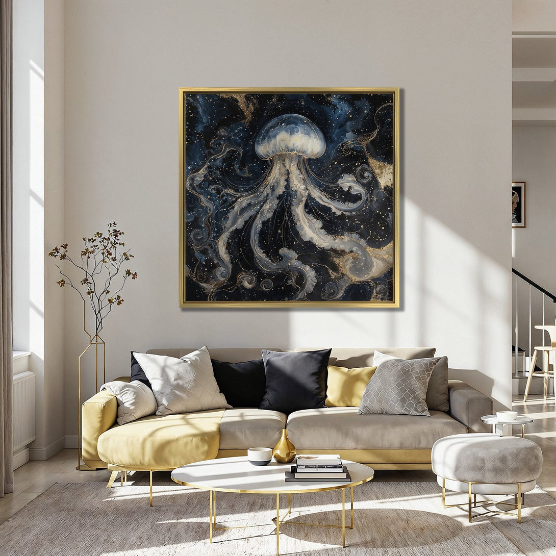 Canvas Print of a jellyfish in a dark, artistic style with a blue, gold, and gray color palette. Perfect for modern home decor.