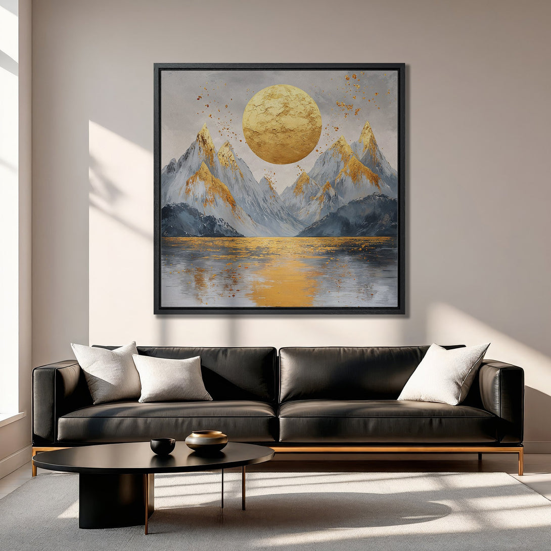 Framed Wall Art: Abstract mountain landscape canvas print with gold and gray tones, perfect for modern living room decor.