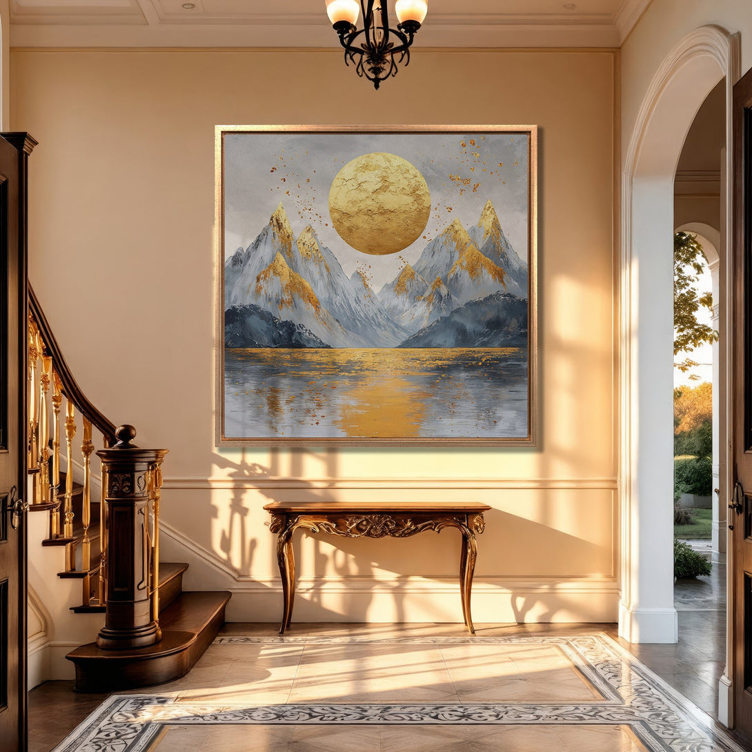 Framed Wall Art: Golden mountain landscape Canvas Print. Modern abstract art with gold, gray, and beige tones. Perfect for luxury home decor.