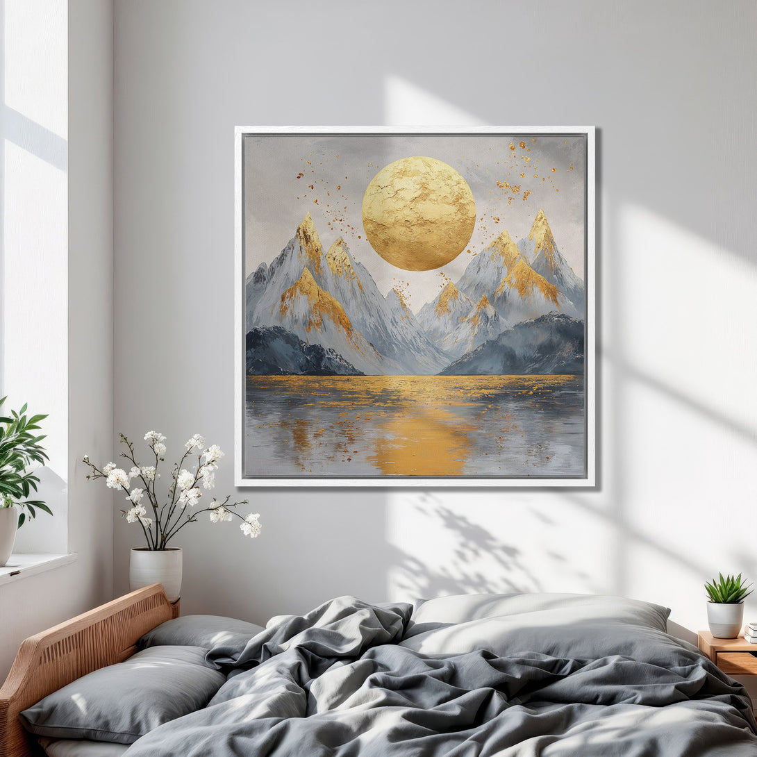 Framed Wall Art: Abstract mountain landscape Canvas Print in gold and gray tones. Modern art for bedroom decor.