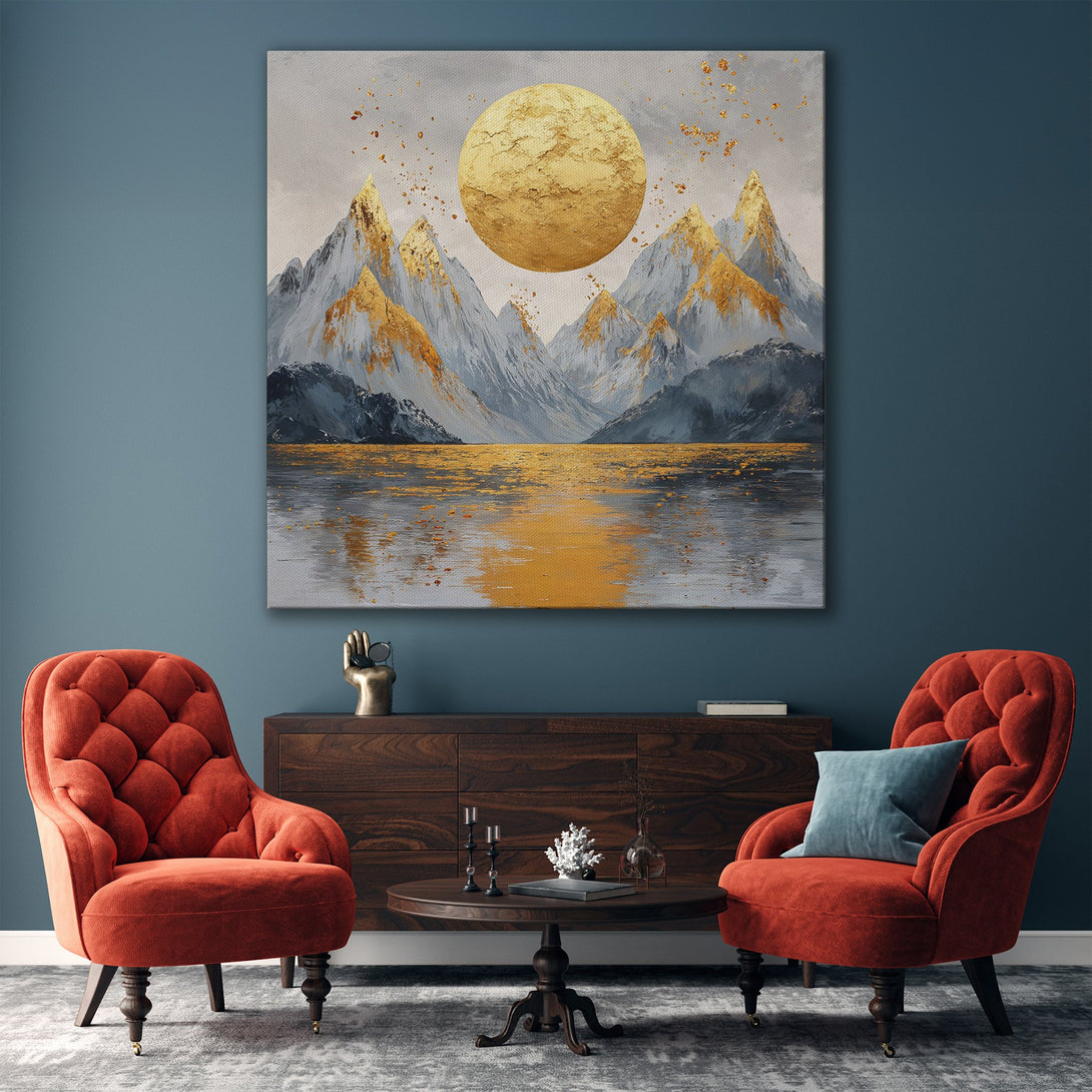 Framed Wall Art featuring a stunning mountain landscape with a golden sun, perfect for modern home decor. The artwork showcases a gold, gray, and neutral color palette.