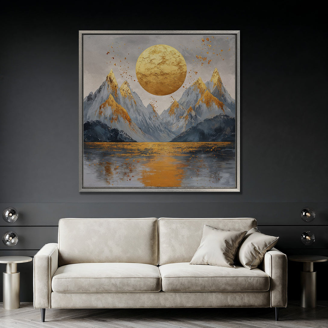 Framed Wall Art: Abstract mountain landscape in gold and gray tones. Modern canvas print adds a touch of luxury to any interior. Shop now!