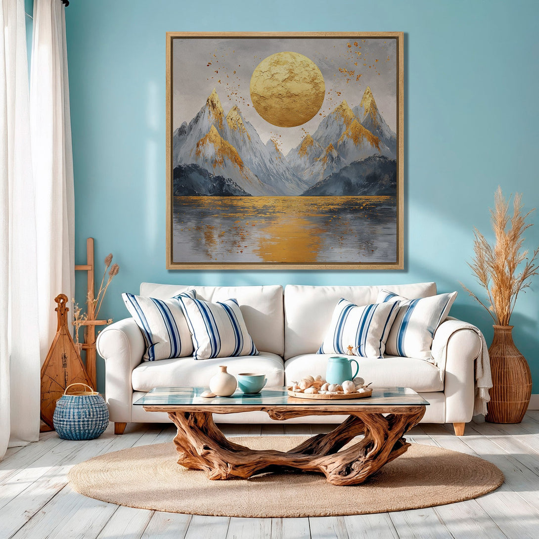 Framed Wall Art: Abstract landscape Canvas Print with a golden sun and mountains. Features a cool blue and gold color palette, perfect for modern home decor.