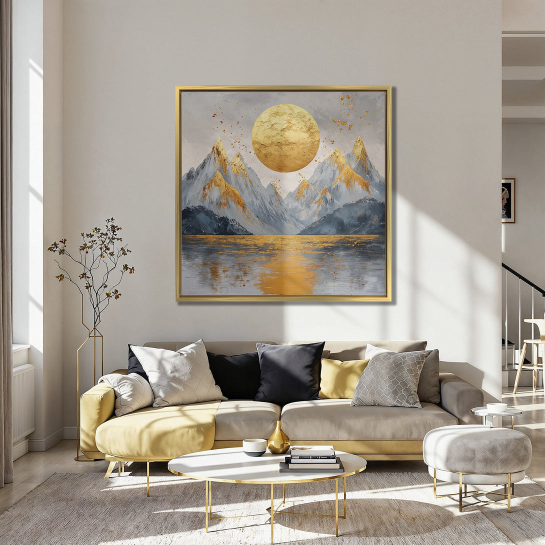 Canvas Print of a golden moon over mountains, abstract art in gray, gold, and blue, perfect for modern home decor.