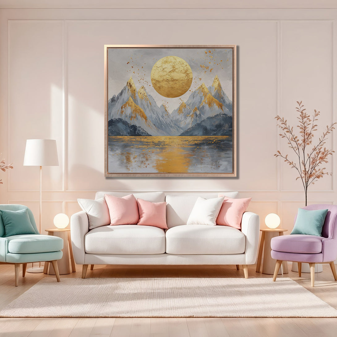 Framed Wall Art: Abstract mountain landscape in gold and gray tones. Modern art Canvas Print adds elegance to any interior. Shop now!