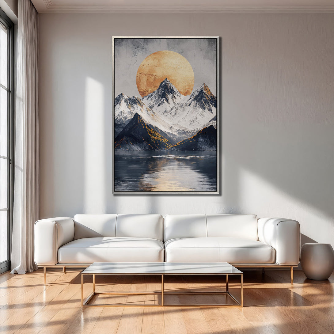 Framed Wall Art: Abstract mountain landscape with golden sun. Modern style, neutral color palette. Perfect for living room decor.
