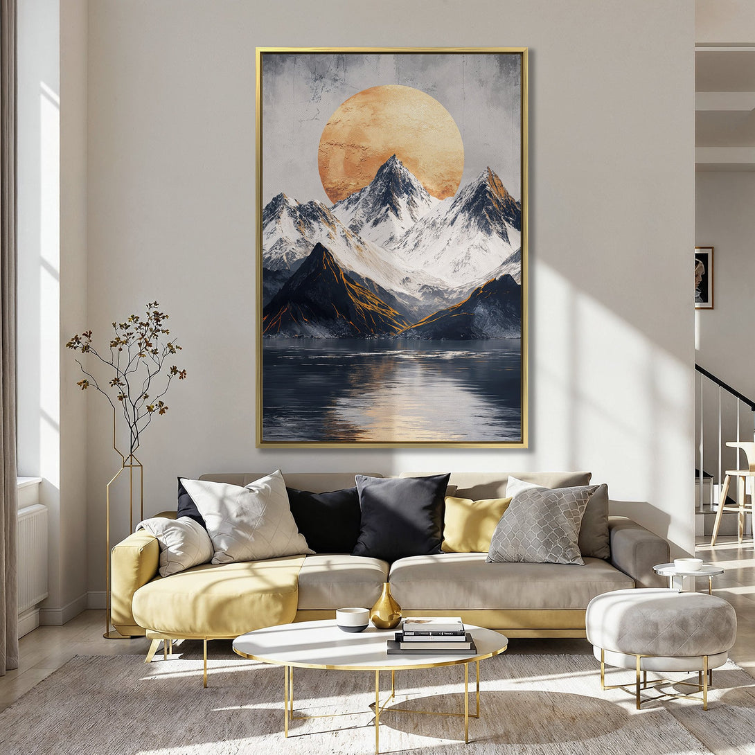 Canvas Print of mountain landscape with a sunset, featuring a muted color palette of blues, oranges, and grays. Perfect wall art for any room!