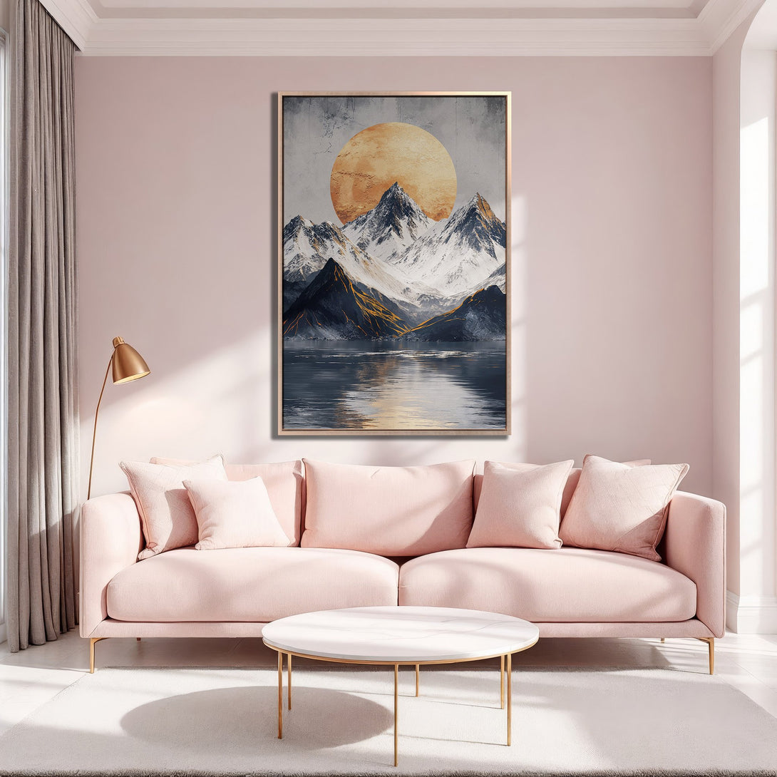 Framed Wall Art: Mountain landscape Canvas Print in a modern interior. Features a warm color palette with a pink sofa and gold accents. Perfect for home decor.