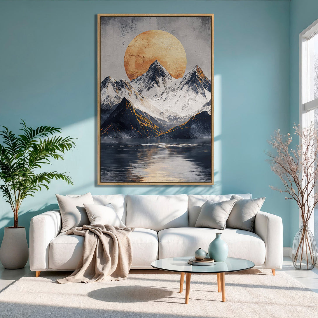 Framed Wall Art featuring a mountain landscape with a warm color palette. Perfect for adding a touch of nature to your home decor.