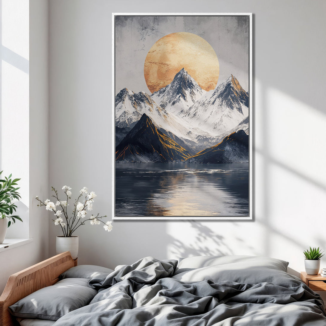 Framed Wall Art featuring a serene mountain landscape with a warm sunset. Modern art with a cool, muted color palette, perfect for bedroom decor.