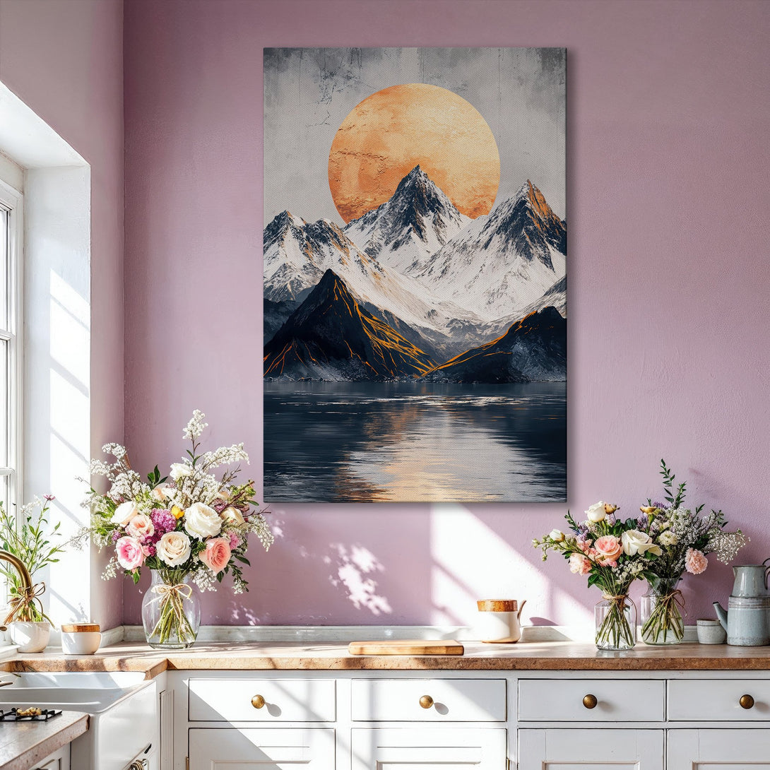 Framed Wall Art featuring an abstract mountain landscape with a warm, sunset color palette. Perfect for modern home decor.