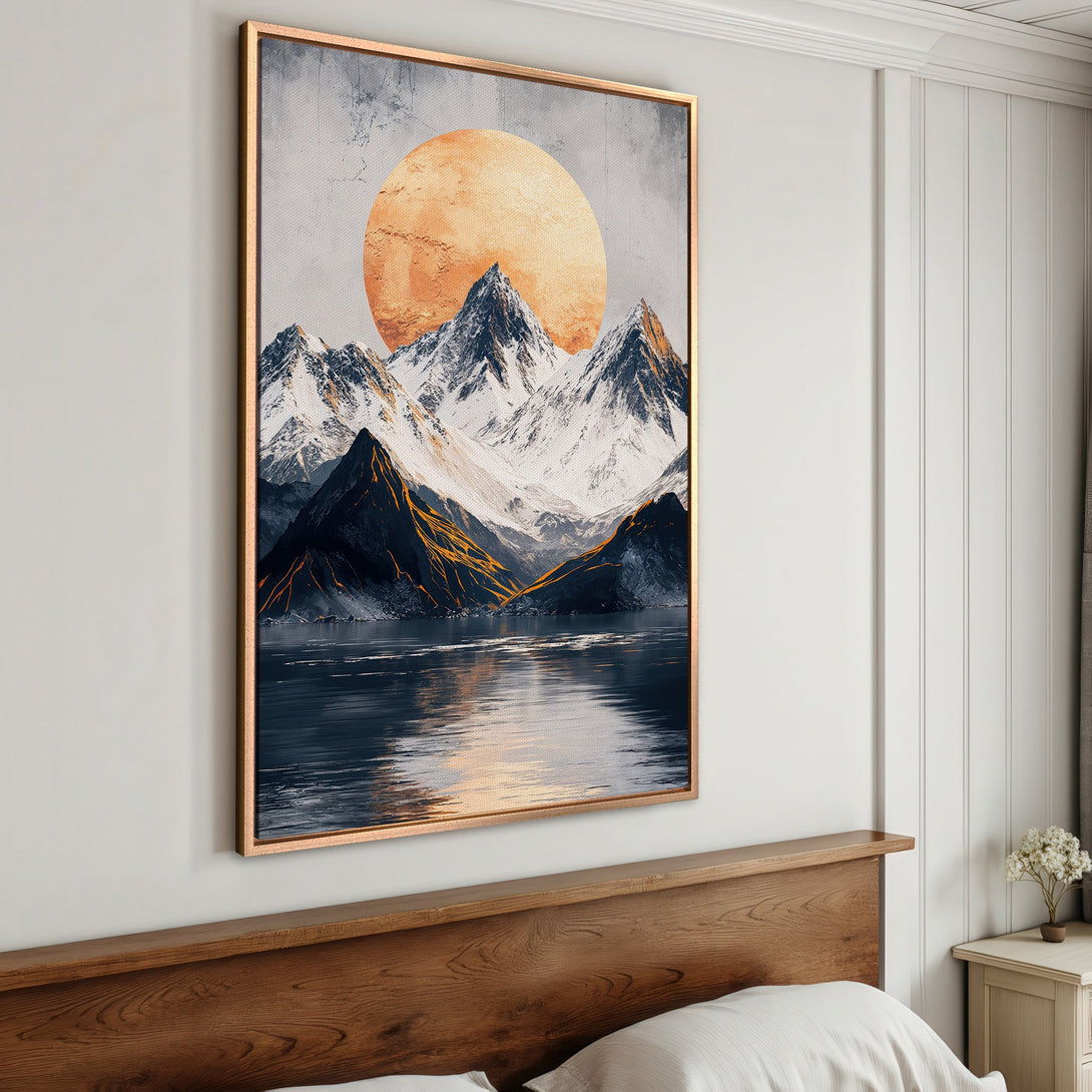 Framed Wall Art: Mountain landscape Canvas Print with warm sunset colors. Modern art for home decor, featuring blues, oranges, and whites. Elevate your space!