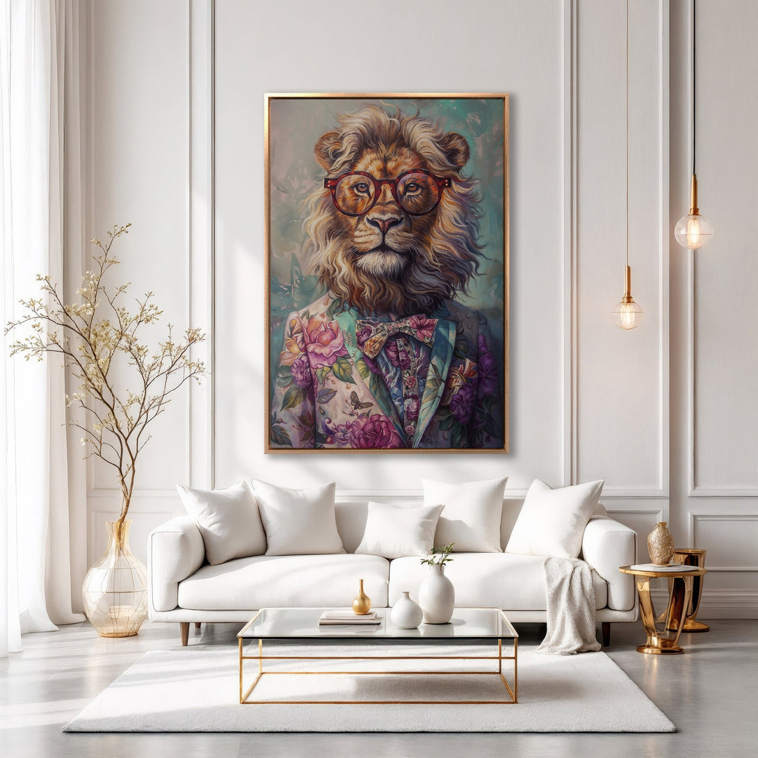 Framed Wall Art: Stylish lion portrait in a floral suit, displayed in a modern living room. Earthy tones with pops of color. Perfect for home decor!